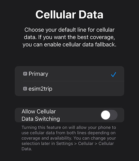 Choose your default line for cellular data - esim2trip