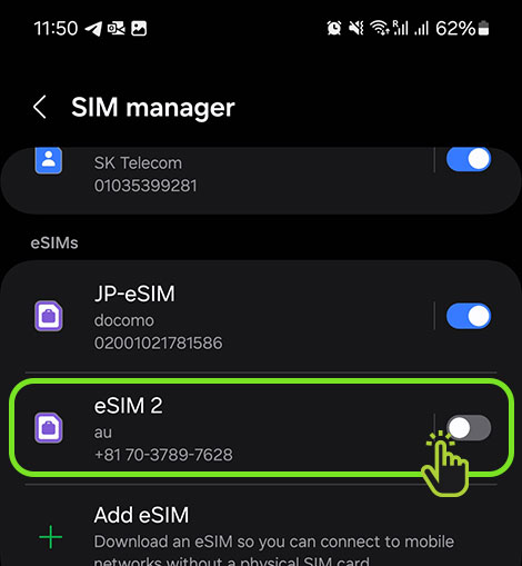Choose a number (SIM) to use -esim2trip